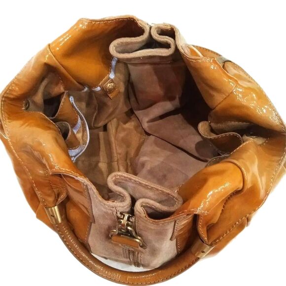 Jimmy Choo "Mandah" Camel Patent Leather & Suede Expandable Hobo Bag w/ COA - Picture 10 of 14